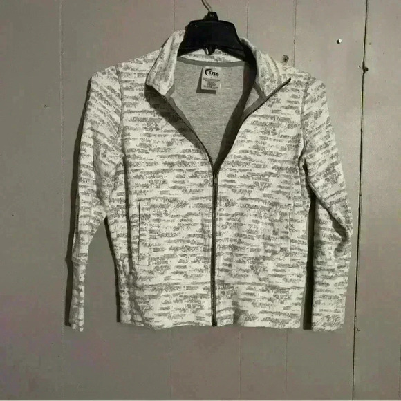 Zyia Active Track Jacket Size Small Full Zip Cream Gray Print Athletic Exercise - Picture 1 of 3